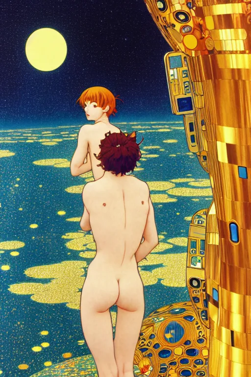 Image similar to a lonely girl floating in a spacestation, akihito yoshida, gustav klimt, yuya nagai, Ilya Kuvshinov, murata range, jean giraud, makoto shinkai, kawaii, alphonse mucha, matte colors, high saturation, detailed, 1990s