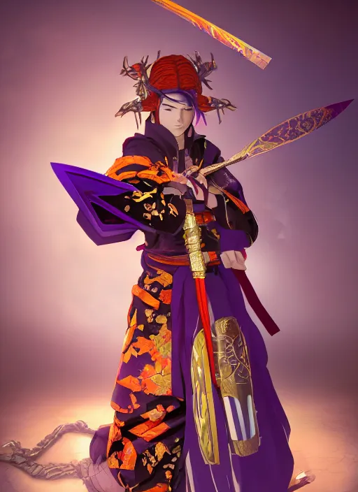 Image similar to An epic fantasy portrait painting of teenager boy with straight indigo hair, purple eyes with red eye markers, slim body, wearing a detailed Japanese kimono with golden armor pieces, holding japanese fan. Unreal 5, 8k, DAZ, hyperrealistic, octane render, studio Ufotable, Demon Slayer artstyle, cosplay, RPG portrait, dynamic lighting