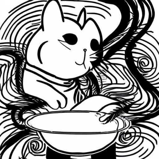 Prompt: manga cat by Hayao Miyazaki eats from a bowl of rice, black and white manga