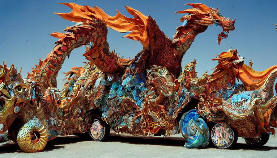 Image similar to papier-mâché art cars of Burning Man looking like dragons and fish, Kodachrome, photorealistic,