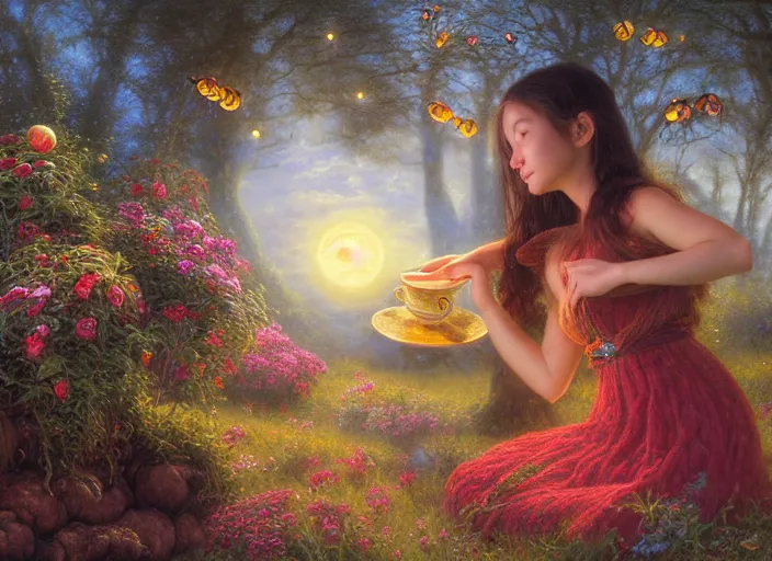 Image similar to 3D artist staring into the camera sculpting a teapot, fireflies, full moon, Lilia Alvarado, Sophie Anderson, Mark Arian, Bob Byerley, Charlie Bowater, Mark Brooks, Steve Henderson, Justin Gerard, Arthur Hughes, Edward Robert Hughes, Mark Keathley, Victor Nizovtsev, Carlos Shwabe, Ross Tran, WLOP