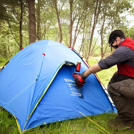 Image similar to man spray painting a camping tent