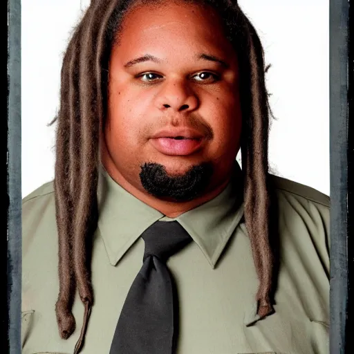 Image similar to overweight african american male school bus driver with dreads, wearing shorts with chubby legs, big moe, symmetric face, photo