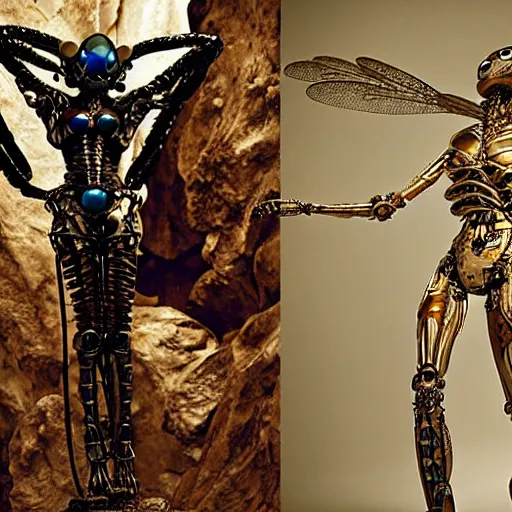 Image similar to still frame from Prometheus movie by Makoto Aida, biomechanical dragonfly angel gynoid, metal couture by neri oxmn and Guo pei, editorial by Malczewski and by Caravaggio