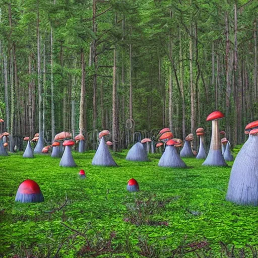 Prompt: weird animals walking in a forest of giant mushrooms, detailed professional photo