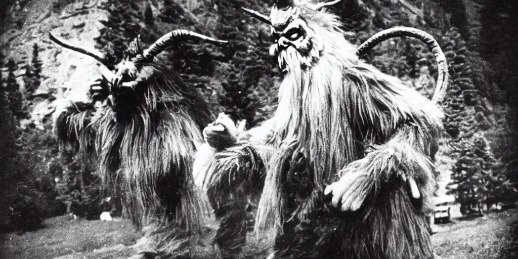 Image similar to krampus with big beak dancing in dolomites, hay fur, austrian folklore, 1920s photography, grainy, eerie, dark