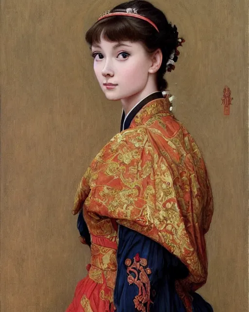 Image similar to a girl who resembles a 16-year old Audrey Hepburn and Scarlett Johansson, dressed in ornate, detailed, intricate Chinese imperial robes, detailed oil painting by William Adolphe Bouguereau and Donato Giancola