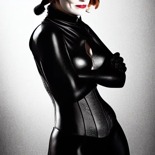 Image similar to Fully-clothed full-body portrait of Emma Stone as catwoman, XF IQ4, 55mm, studio lighting