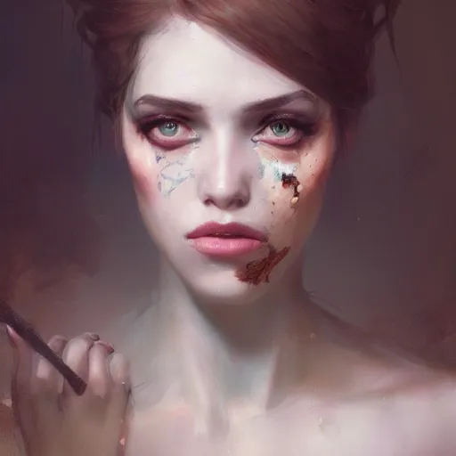 Image similar to Portrait of a melancholic woman, putting on her makeup in an unorthodox manner, illustrated by Greg Rutkowski and Gaston Bussiere, trending on artstation, 4k, 8k