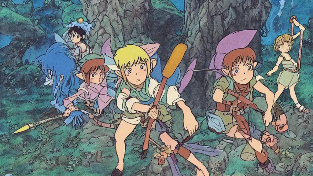 Image similar to 1 9 8 0 s “ studio ghibli ” anime featuring “ link ” with a fairy and “ princess zelda ” fighting against monsters in a dungeon labyrinth.