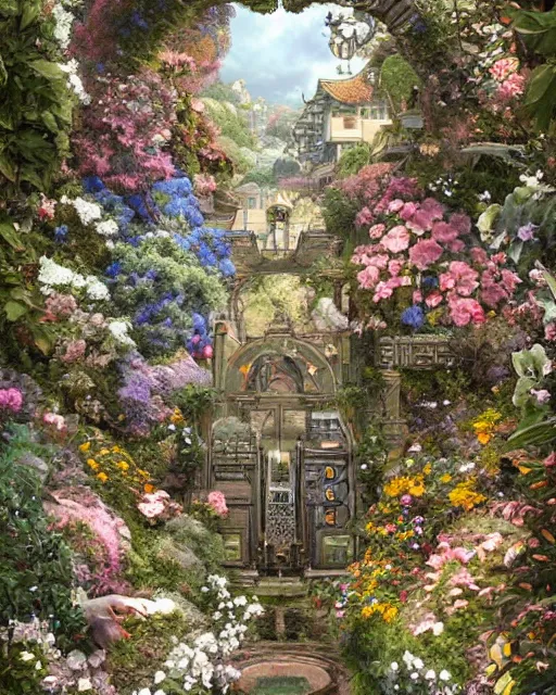 Image similar to photo of a portal to paradise, 8 k high definition, flowers, machines, insanely detailed, intricate, art by akihiko yoshida, antilous chao, woo kim