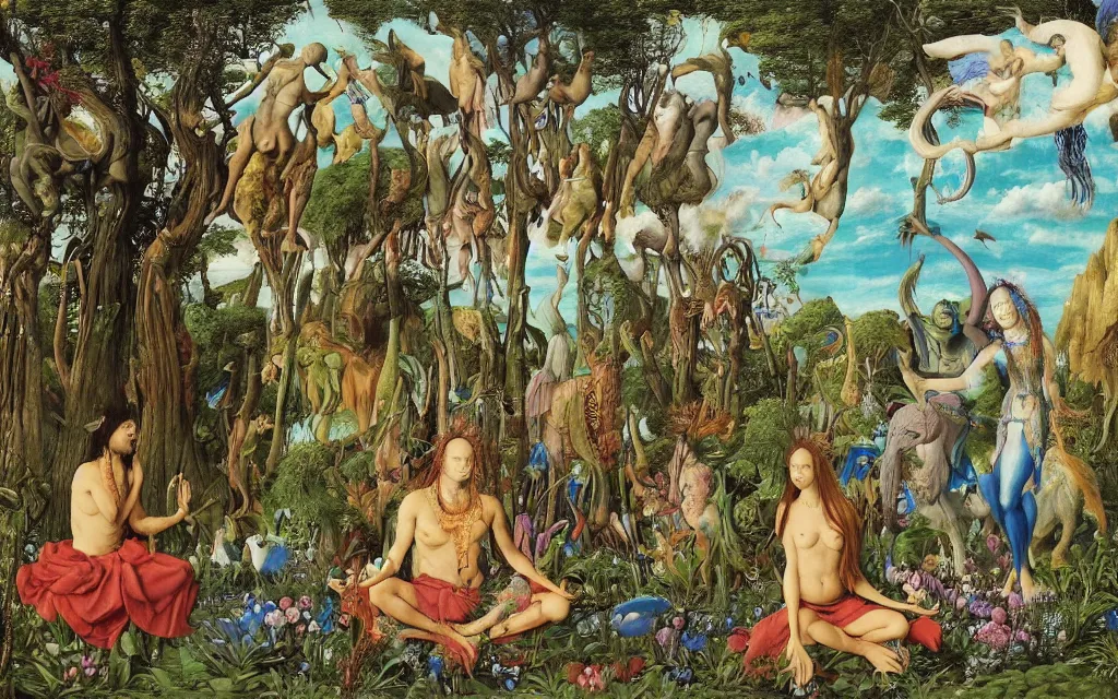 Image similar to a photograph of a meditating centaur shaman and a blue harpy mermaid feeding animals. surrounded by bulbous flowers, animals and a few trees. river delta with mountains and cliffs under a blue sky full of burning stars and birds. painted by jan van eyck, max ernst, ernst haeckel, ernst fuchs and artgerm. trending on artstation