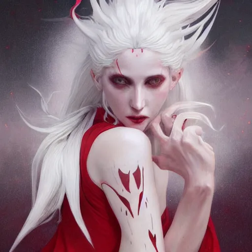 Prompt: ultra realistic illustration, dream humanoid demon girl with white hair, red horns, in white clothes, red eyes, intricate, elegant, highly detailed, digital painting, artstation, concept art, smooth, sharp focus, illustration, art by artgerm and greg rutkowski and alphonse mucha