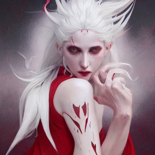 Image similar to ultra realistic illustration, dream humanoid demon girl with white hair, red horns, in white clothes, red eyes, intricate, elegant, highly detailed, digital painting, artstation, concept art, smooth, sharp focus, illustration, art by artgerm and greg rutkowski and alphonse mucha