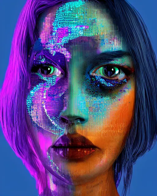 Image similar to a glitch art full body character portrait of female magic a. i. manifesting it self into reality trending on artstation deviantart pinterest detailed realistic hd 8 k high resolution