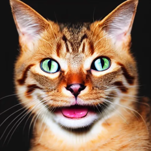Image similar to cat with human eyes and human teeth, 4 k award - winning photography