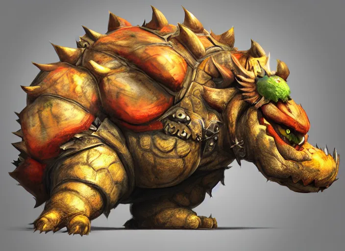 Image similar to detailed concept art of a huge giant bowser by cheng yi and luolin, aartstation, artstationhd, detailed scales, spiky and red hair tuft. bowser, bowser nintendo, koopa, ~ bowser # bowser ( ( mario ) ) bcy. net, realistic. cheng yi