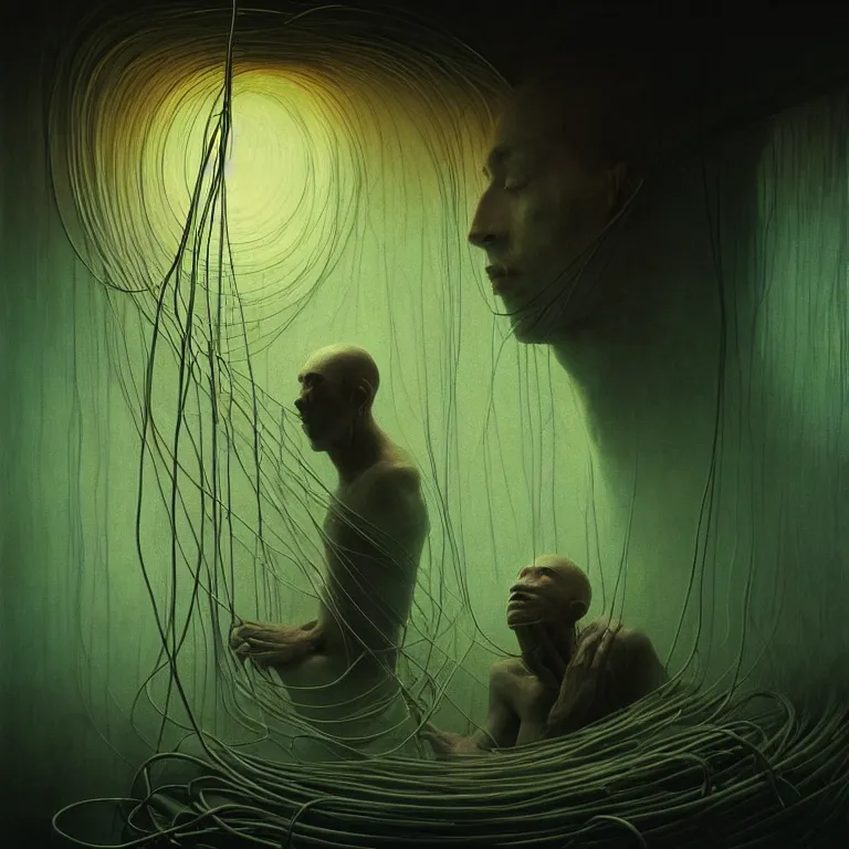 Image similar to beautiful man in spaceship interior covered with tubes wires by beksinski, soft bloom glow lucid dream - like atmosphere, baroque painting, perfect composition, detailed octane render trending on artstation, 8 k artistic photography, volumetric cinematic perfect light, chiaroscuro, masterpiece, raphael, caravaggio, beksinski, rutkowski, beeple