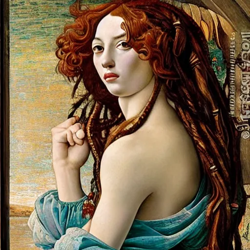 Image similar to intricate detail, hyper detail, drunk woman, very tired, wearing full body mans suite, hazel green eyes, teal eyebrows, with aqua neon rapunzel dreadlocks, detailed, by sandro botticelli, gaston bussiere, h. r. giger, masterpiece, sharp focus,