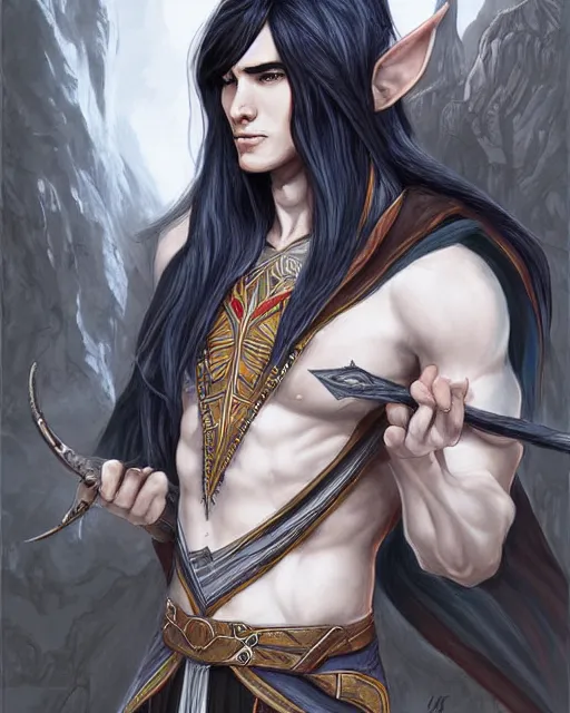 Image similar to multicolor drawing of elven boy mage with long black hair by artgerm city fantasy 4 k ultra high resolution