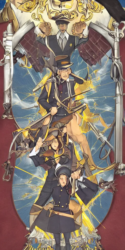 Image similar to the judge from Ace Attorney with a beam scale in one hand. Tarot card Justice, impressive art, detailed, singe subject