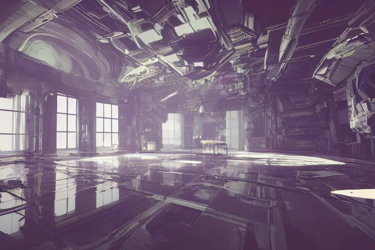 Image similar to a wide angle photo of empty space in a studio with a reflective floor, hyper detailed, smooth, volumetric lighting, octane, greg rutkowski, ripley scott, synthwave, cinematic