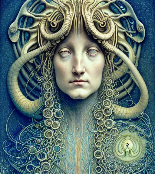 Prompt: detailed realistic beautiful nautilus goddess face portrait by jean delville, gustave dore, iris van herpen and marco mazzoni, art forms of nature by ernst haeckel, art nouveau, symbolist, visionary, gothic, neo - gothic, pre - raphaelite, fractal lace, intricate alien botanicals, biodiversity, surreality, hyperdetailed ultrasharp octane render