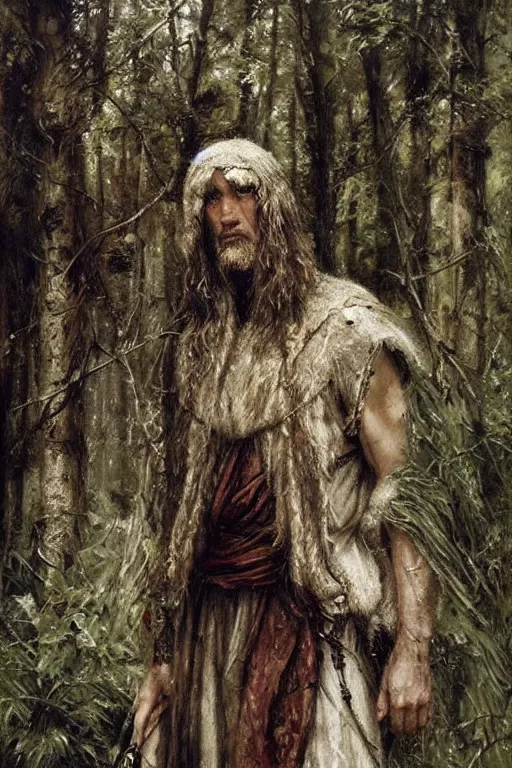 Image similar to slavic dog head man, woolen torso in medieval clothes, hiding in the forest, orthodox saint christopher, art by luis royo, oil painting, painting by viktor vasnetsov, concept art, hyperrealism, beautiful, high resolution, trending on artstation,