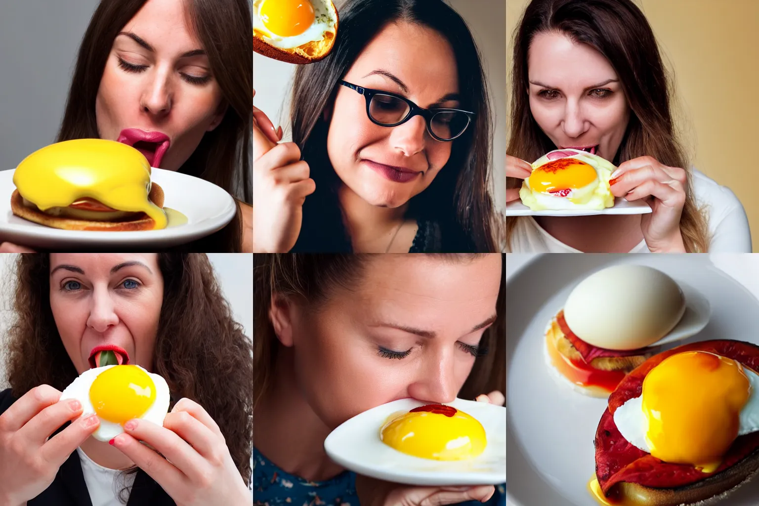 Prompt: closeup headshot photo of the woman passionately tasting the best egg benedict, detailed face details