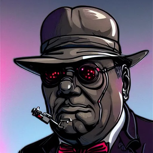 Image similar to futuristic winston churchill. A clever cyberpunk hacker, centered in the frame, cyberpunk concept art by Jean Giraud and josan gonzales, digital art, highly detailed, intricate, sci-fi, sharp focus, Trending on Artstation HQ, deviantart, 4K UHD image