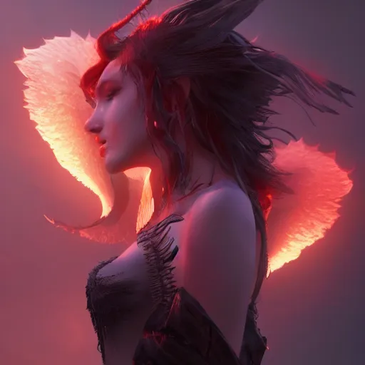 Image similar to young vampire princess with burning wings 4 k high definition gorgeous dramatic lighting artstation trending path traced contrast light and dark cinematic breathtaking by hughes, edward robert, noriyoshi ohrai and hans zatzka