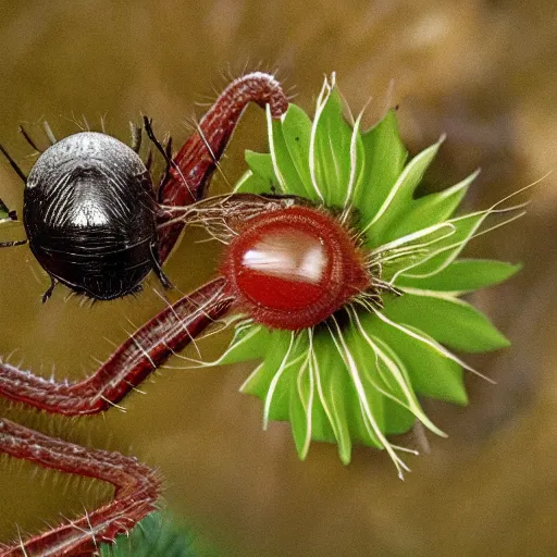 Image similar to venus flytrap eating a large hairy black spider in an english tea garden