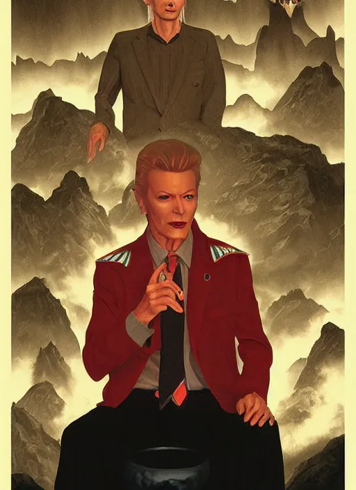 Prompt: twin peaks poster art, portrait of the demons of the black lodge have got david bowie swapped around their finger, by michael whelan, rossetti bouguereau, artgerm, retro, nostalgic, old fashioned