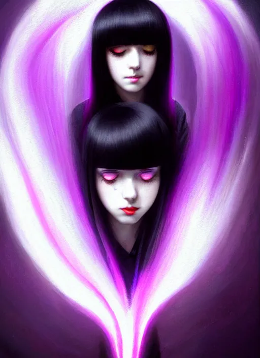 Image similar to hair blackbangs hair, white hair, blackbangswhitehair, portrait of teenage girl with black bangs, red irises, purple clothes, black bangs, bangs are white hair is black, intricate, elegant, glowing lights, highly detailed, digital painting, artstation, concept art, sharp focus, illustration, art by wlop, mars ravelo and greg rutkowski