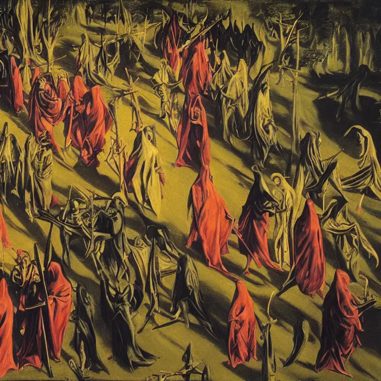 Prompt: A Holy Week procession of grim reapers in a lush Spanish landscape at night. A hooded figure at the front holds a cross. El Greco, Remedios Varo, Salvador Dalí, Zdzisław Beksiński,Carl Gustav Carus, Edward Hopper. Technicolor. Colourful. Vibrant colors