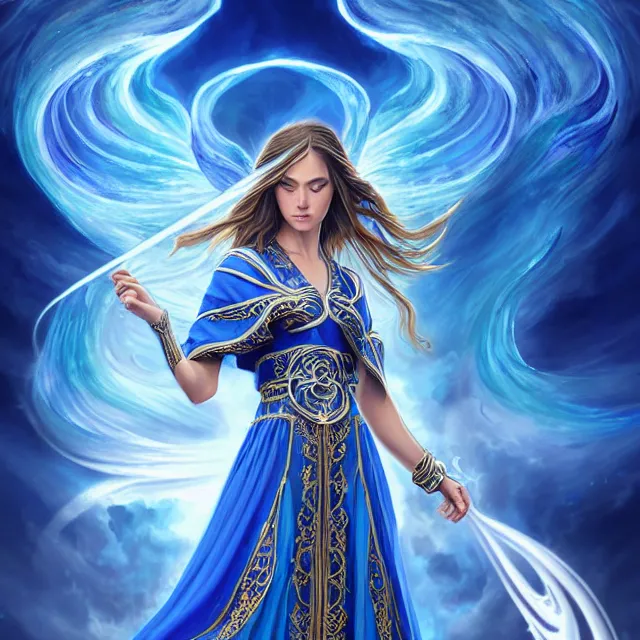 Image similar to beautiful!! elemental sky witch with intricate ornate blue and white robes and water powers artgerm anne stokes highly detailed 8 k hdr smooth sharp focus high resolution award - winning photo photorealistic