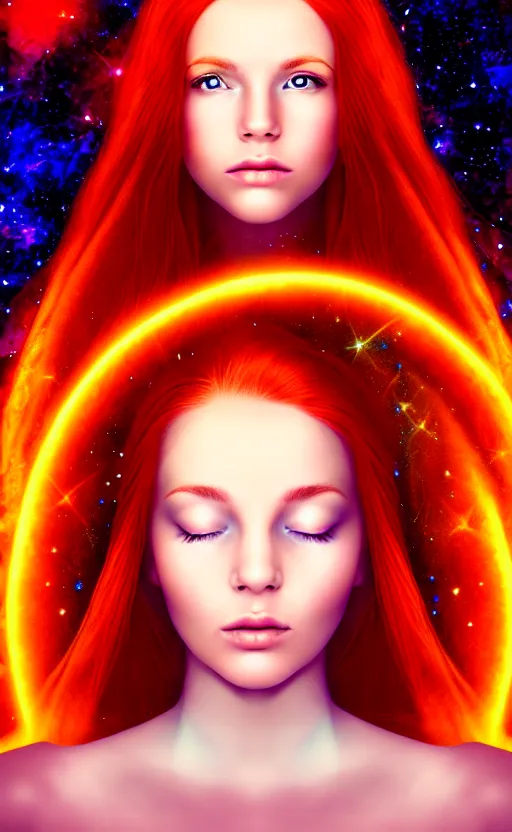 Prompt: space astral portrait of a beautiful girl, red hair, ginger hair, fantasy, glowing skin, smooth face, perfect eyes, half body shot, tarot card