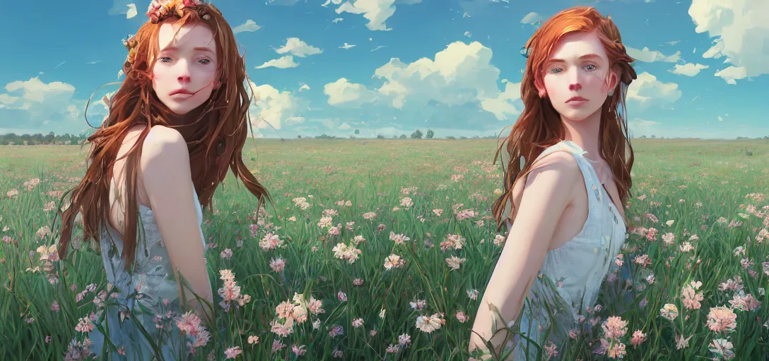 Image similar to a beautiful southern woman named Savannah, innocent, somber turquoise eyes, freckles, long ginger hair tied with white ribbon, relaxed in a field of flowers on a farm, gentle lighting, storm in the distance, western clothing, dress, digital art by Makoto Shinkai ilya kuvshinov and Wojtek Fus, digital art, concept art,