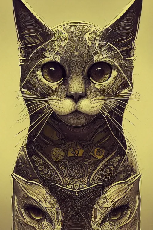 Image similar to geometric cat portrait, identical eyes, medium shot, fantasy, illustration, detailed line work, symmetrical, acid vintage color palette, artstation, hyper detailed, cinematic lighting, incredibly detailed and intricate, ornate, by peter mohrbacher