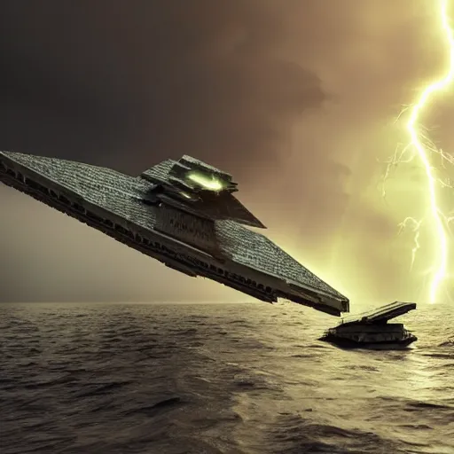 Prompt: a star destroyer being pulled in half by an evil yoda covered in force lightning, cinematic lighting, ultra realistic, 8 k,