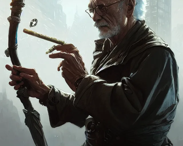 Image similar to old man with cyberpunk walking stick, deep focus, d & d, fantasy, intricate, elegant, highly detailed, digital painting, artstation, concept art, matte, sharp focus, illustration, hearthstone, art by artgerm and greg rutkowski and alphonse mucha