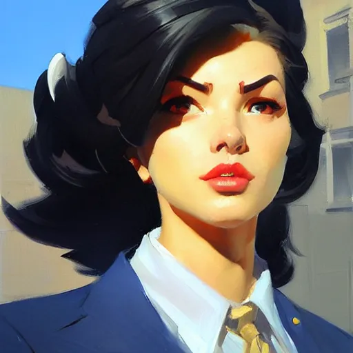 Image similar to greg manchess portrait painting of banker as overwatch character, medium shot, asymmetrical, profile picture, organic painting, sunny day, matte painting, bold shapes, hard edges, street art, trending on artstation, by huang guangjian and gil elvgren and sachin teng