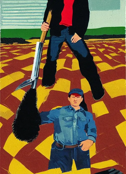 Image similar to full - body portrait of ben affleck wearing checkered shirt and white cap, holding a huge monkey wrench, by billy childish, thick visible brush strokes, shadowy landscape painting in the background by beal gifford, vintage postcard illustration, minimalist cover art by mitchell hooks
