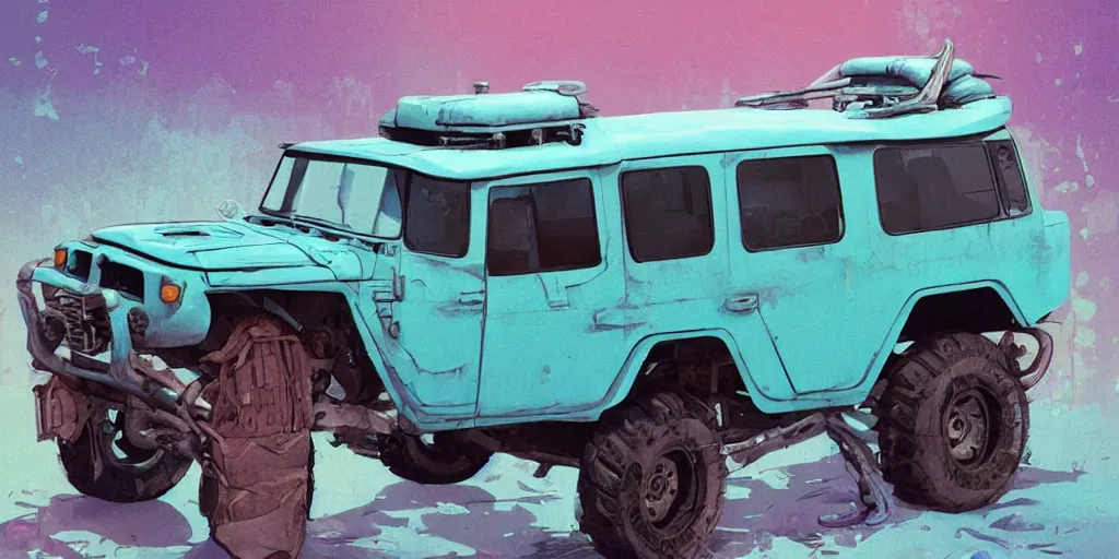 Image similar to digital illustration of a futuristic faded cyan mad max's fj 4 0 decrepit!!!! pursuit special, rusty!!! cyberpunk nissan fj cruiser heavily modded 1 9 9 0 s, the last v 8 interceptor by makoto shinkai, ilya kuvshinov, lois van baarle, rossdraws, basquiat