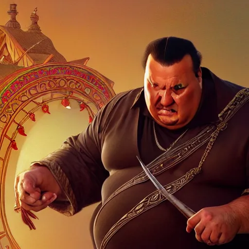 Image similar to Big Chungus Obese Steven Seagal, fantasy, intricate, elegant, highly detailed, digital painting, artstation, concept art, matte, sharp focus, illustration, art by Artgerm and Greg Rutkowski and Alphonse Mucha