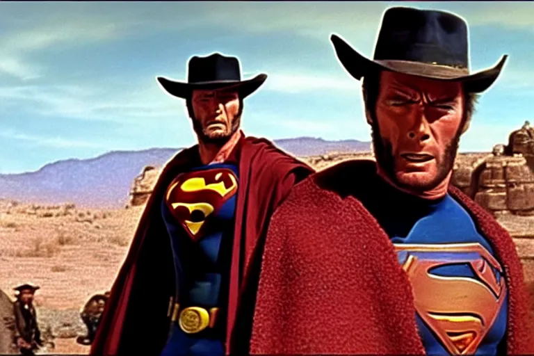 Image similar to clint eastwood as superman in the good the bad and the ugly, western film, hyper - detailed, smooth, sharp focus, 4 k ultra hd