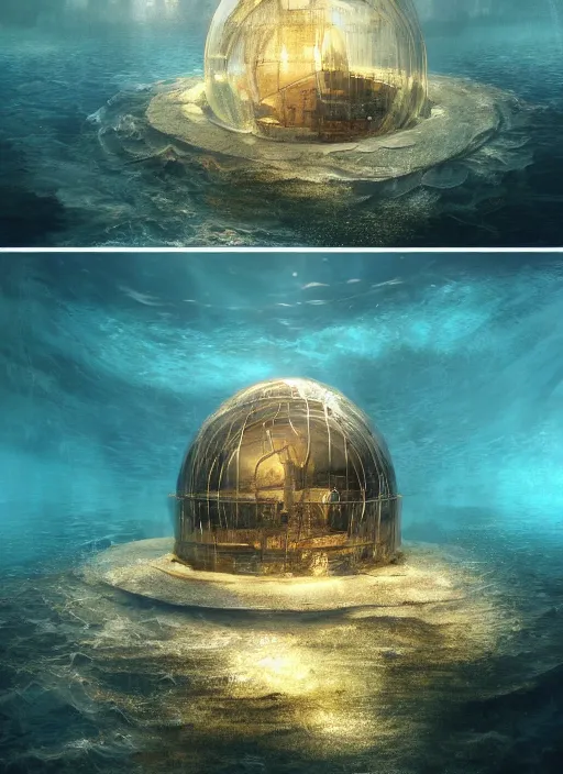 Image similar to masterpiece artwork of a underwater dome inside the wild sea, au naturel, hyper detailed, digital art, trending in artstation, cinematic lighting, studio quality, smooth render, unreal engine 5 rendered, octane rendered, art style by klimt and nixeu and ian sprigger and wlop and krenz cushart