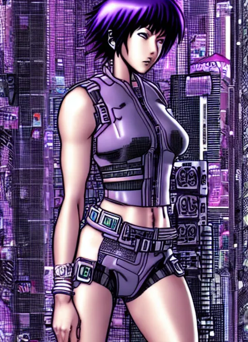 Image similar to motoko kusanagi in grungy cyberpunk megacity, intricate and finely detailed, cyberpunk vaporwave, portrait by j scott campbell