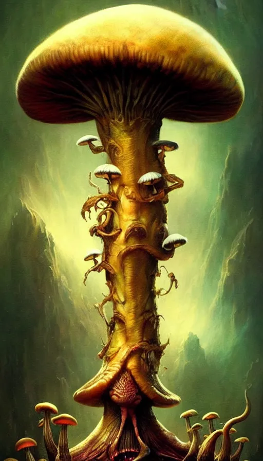 Image similar to exquisite imaginative imposing weird creature movie poster art humanoid hype realistic mushroom movie art by : : weta studio tom bagshaw james jean frank frazetta