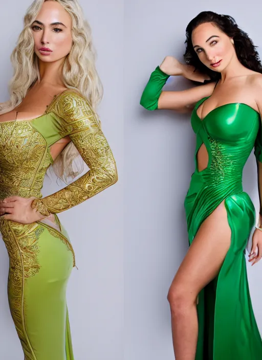 Image similar to portrait of lindsey pelas and gal gadot wearing green kebaya on a runway, by charlotte grimm, studio light, detailed face, canon eos c 3 0 0, ƒ 1. 8, 3 5 mm, 8 k, medium - format print, half body shot